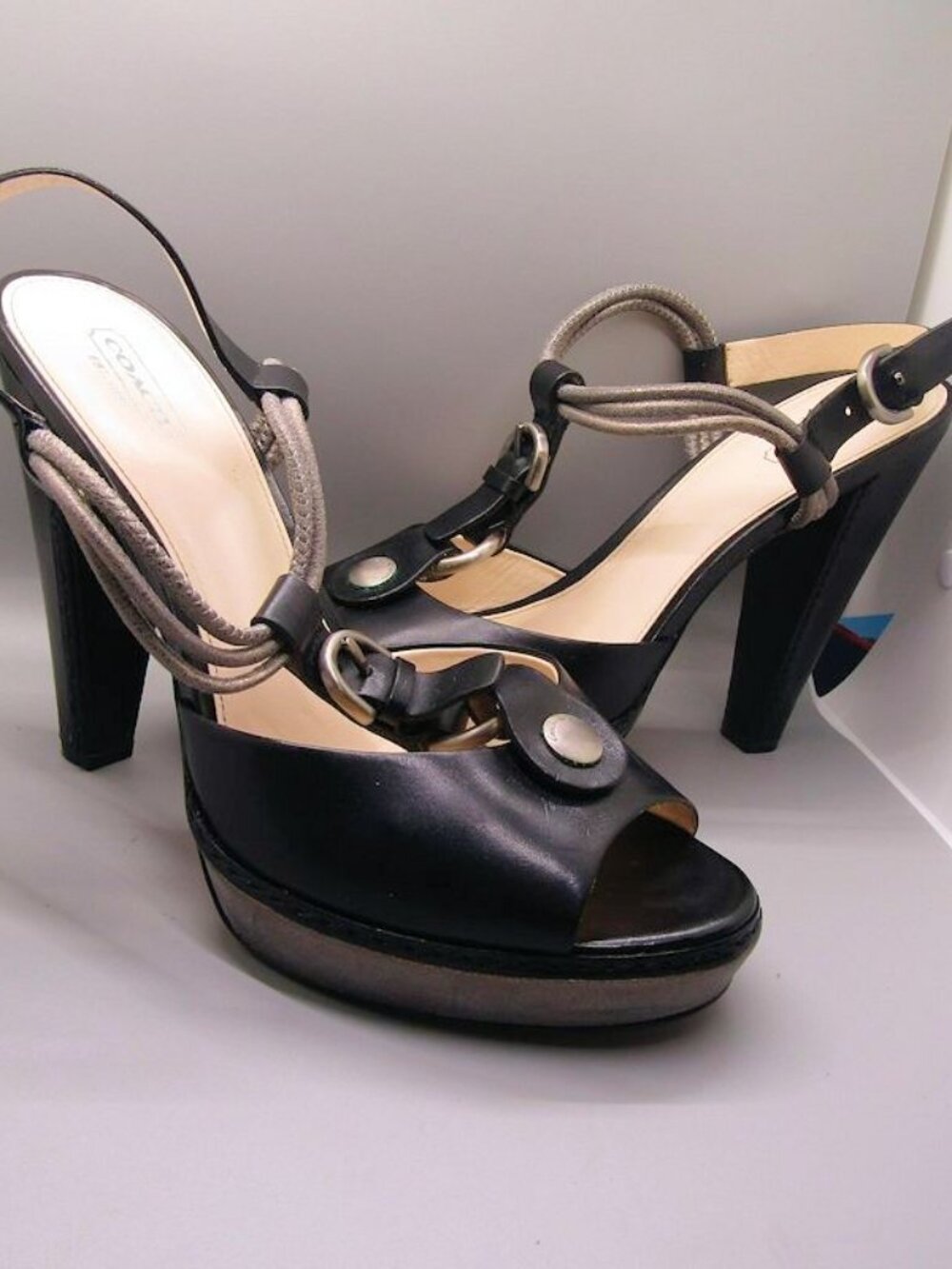 Coach sz 10 B high heel stiletto strappy closed toes shoes black
